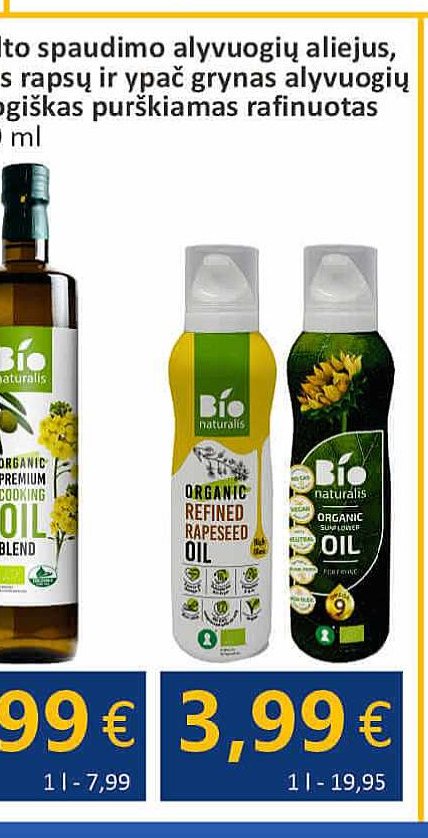 BIONATURALIS ekologiškas purškiamas rafinuotas rapsų / saulėgrąžų aliejus, 200 ml