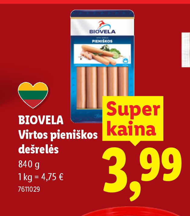 BIOVELA Virtos pieniškos dešrelės, 840 g