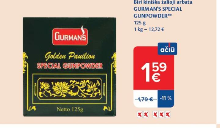 Biri kiniška žalioji arbata GURMAN'S SPECIAL GUNPOWDER, 125 g