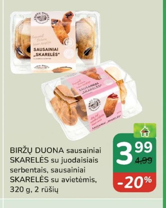 BIRŽŲ DUONA sausainiai SKARELĖS su juodaisiais serbentais, sausainiai SKARELĖS su avietėmis, 320 g