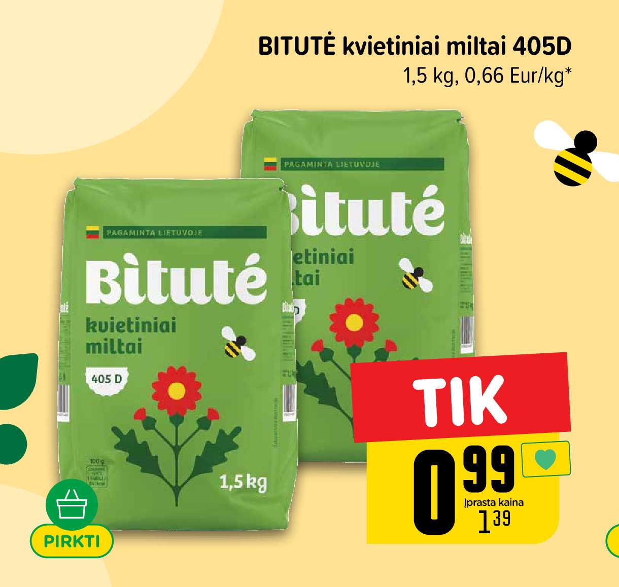 BITUTĖ kvietiniai miltai 405D, 1.5 kg