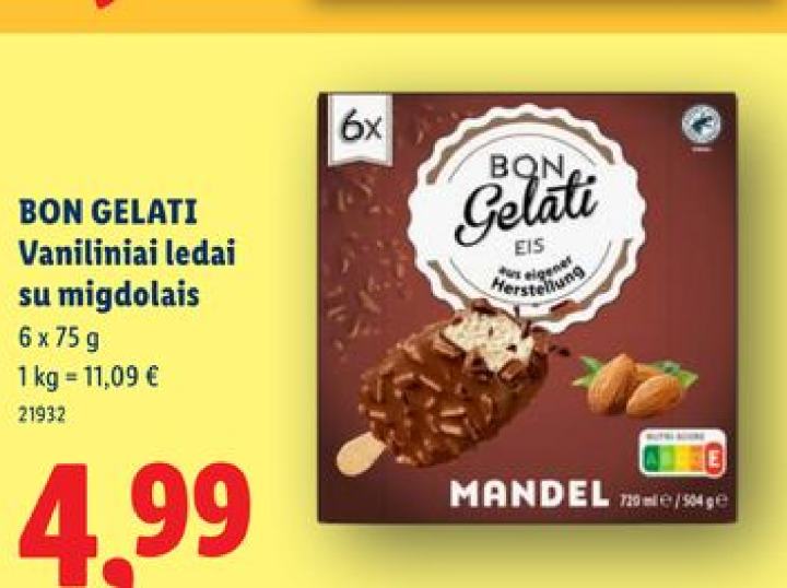 BON GELATI Vaniliniai ledai su migdolais, 6 x 75 g