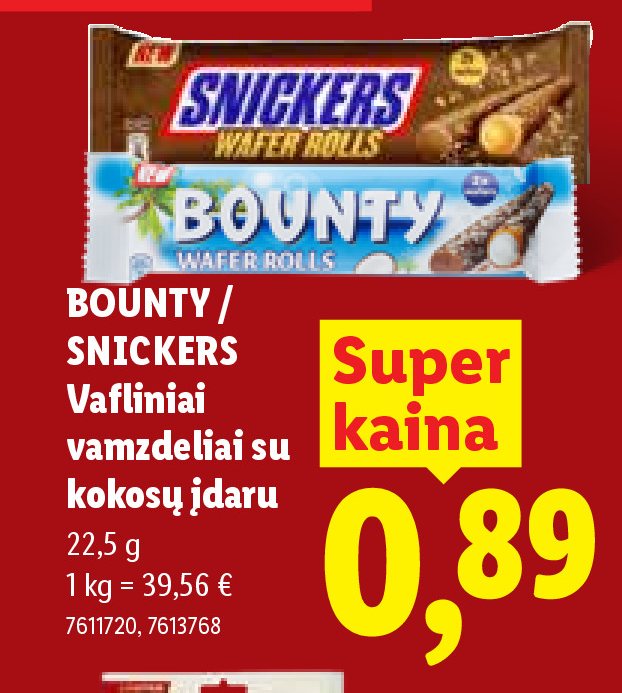 BOUNTY / SNICKERS Vafliniai vamzdeliai su kokosų įdaru, 22.5 g
