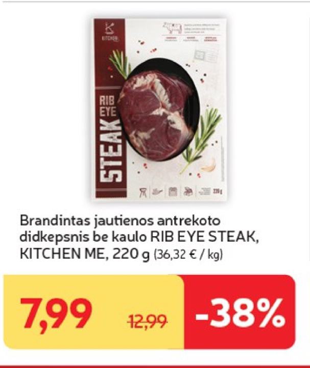 Brandintas jautienos antrekoto didkepsnis be kaulo RIB EYE STEAK, KITCHEN ME, 220 g