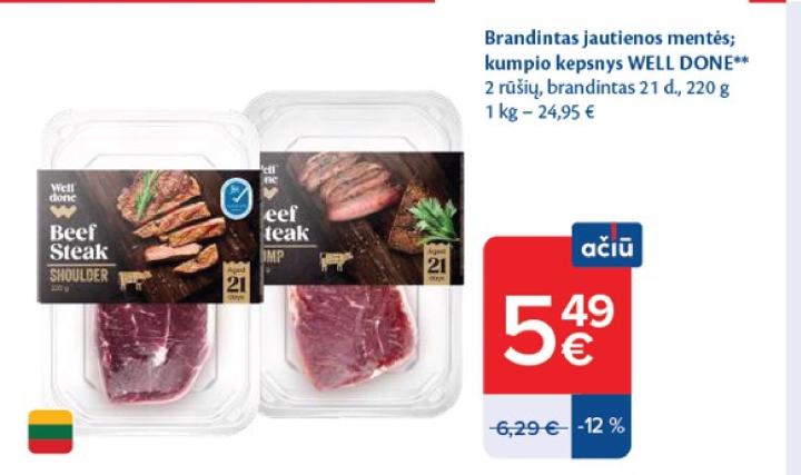 Brandintas jautienos mentės; kumpio kepsnys WELL DONE, 220 g