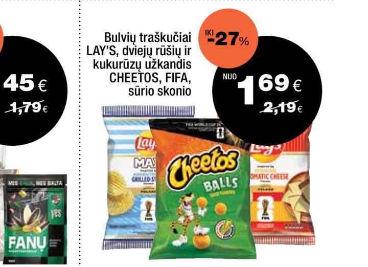 Bulvių traškučiai LAY'S, dviejų rūšių ir kukurūzų užkandis CHEETOS