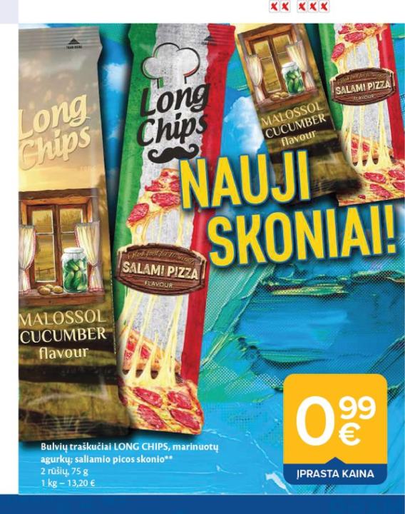 Bulvių traškučiai LONG CHIPS, marinuotų agurkų; saliamio picos skonio, 75 g