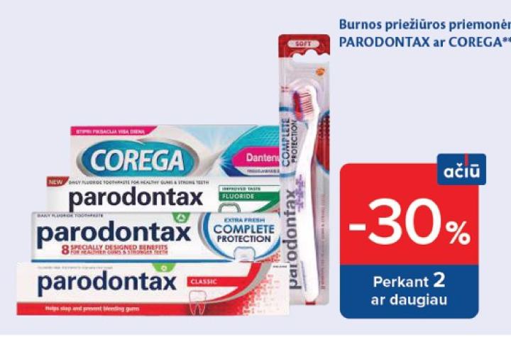 Burnos priežiūros priemonėms PARODONTAX ar COREGA