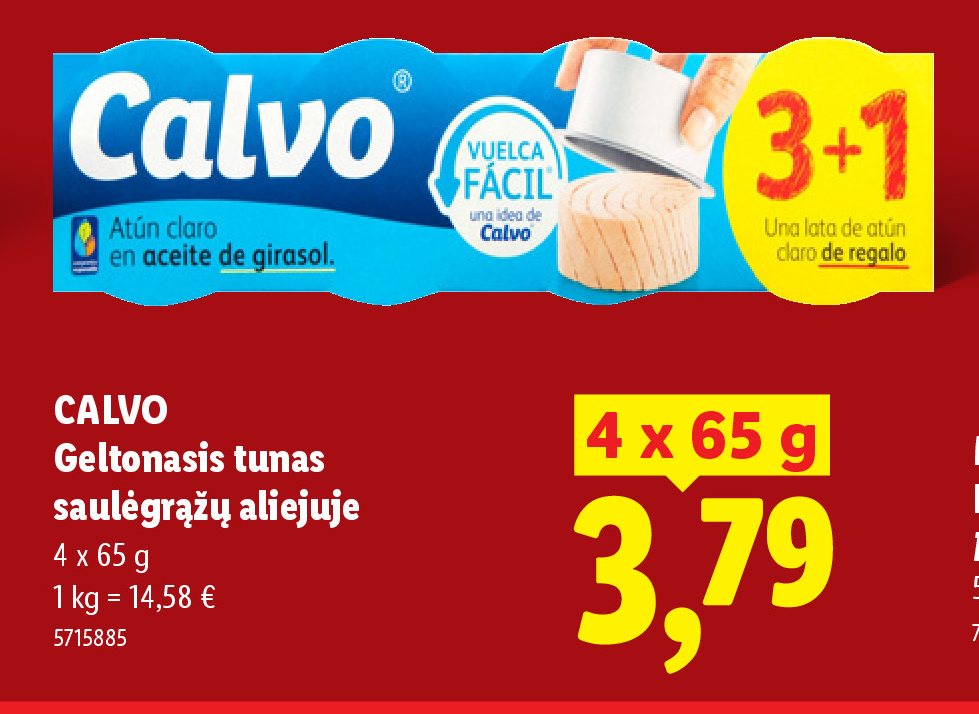 CALVO Geltonasis tunas saulėgrąžų aliejuje, 4 x 65 g