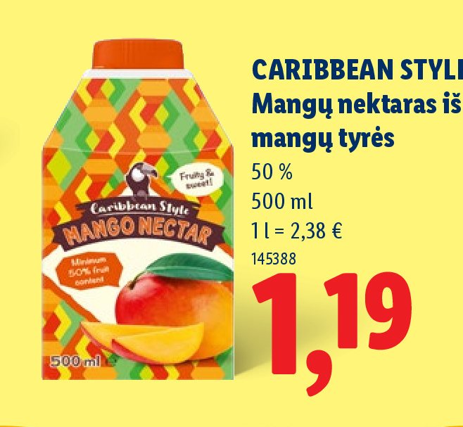 CARIBBEAN STYLE Mangų nektaras iš mangų tyrės, 500 ml