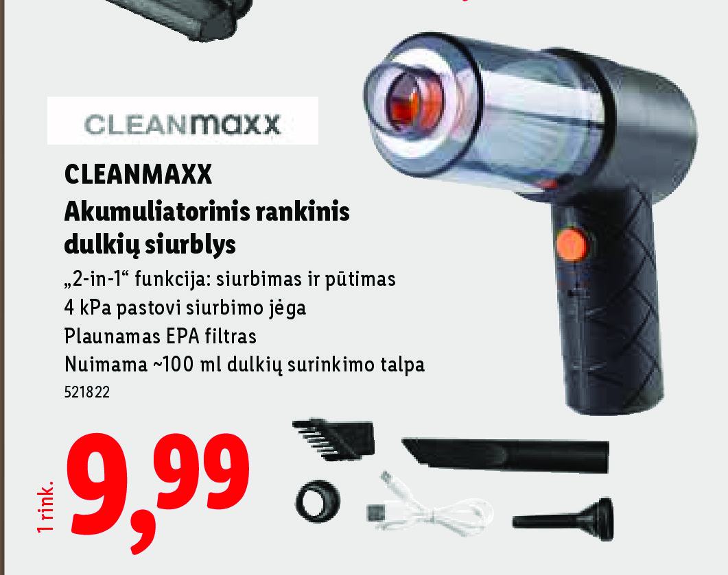 CLEANMAXX Akumuliatorinis rankinis dulkių siurblys, ~100 ml