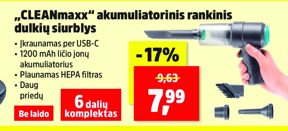 „CLEANmaxx“ akumuliatorinis rankinis dulkių siurblys