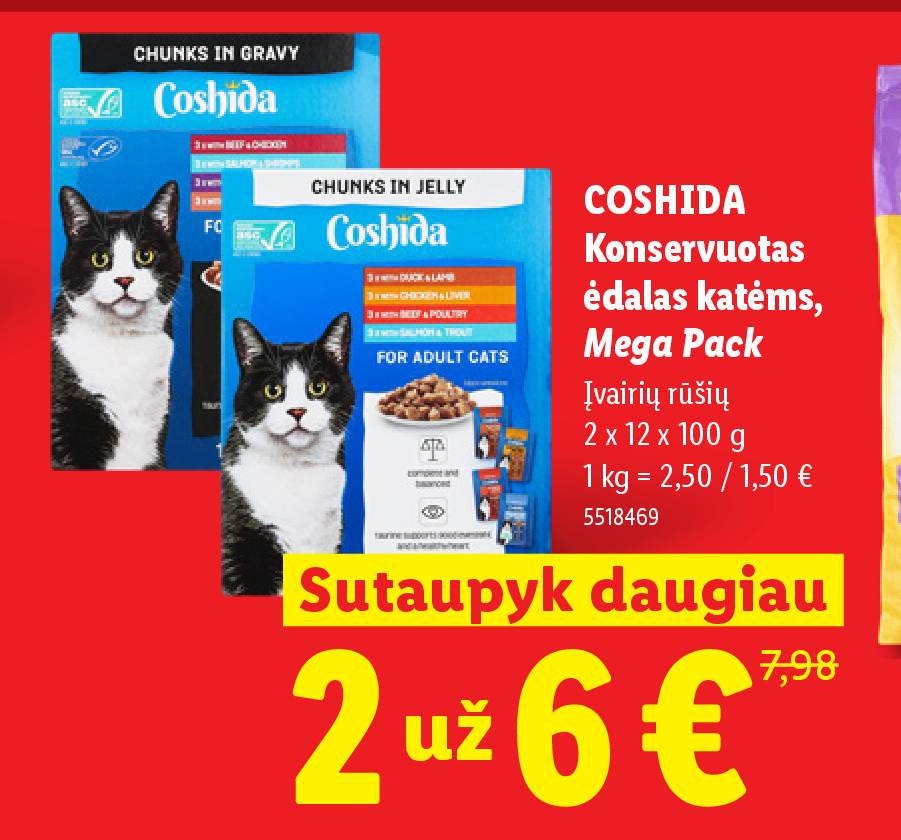 COSHIDA Konservuotas ėdalas katėms, Mega Pack, 12 x 100 g