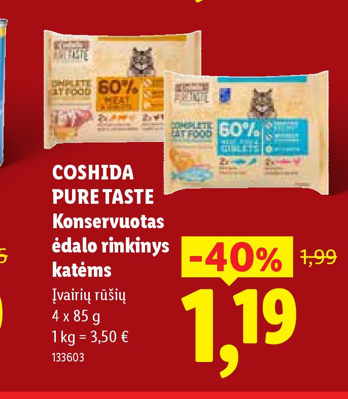 COSHIDA PURE TASTE Konservuotas ėdalo rinkinys katėms, 4 x 85 g