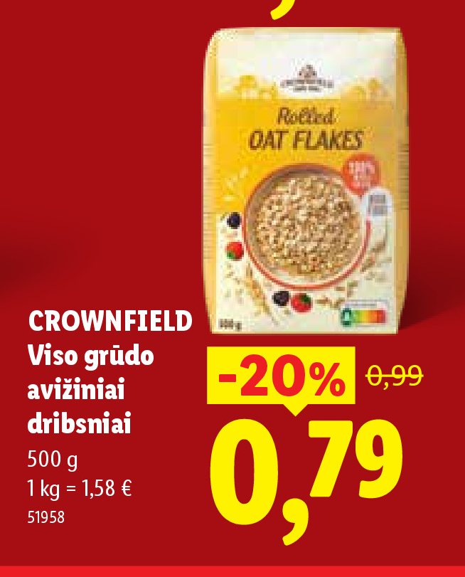 CROWNFIELD Viso grūdo avižiniai dribsniai, 500 g