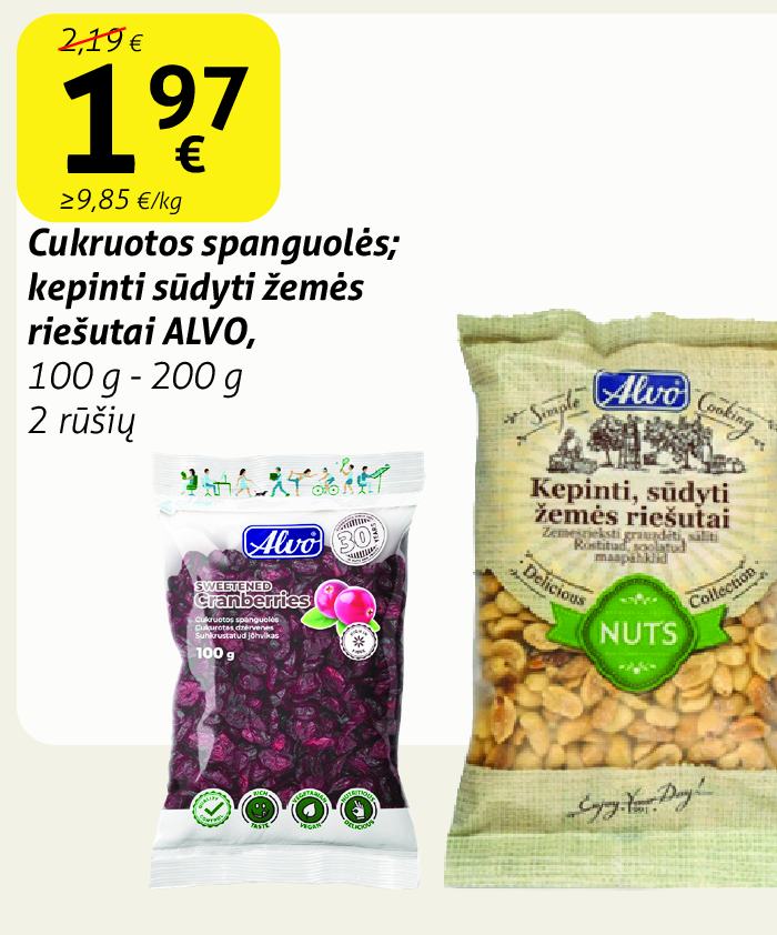 Cukruotos spanguolės; kepti, sūdyti žemės riešutai ALVO, 100 g - 200 g