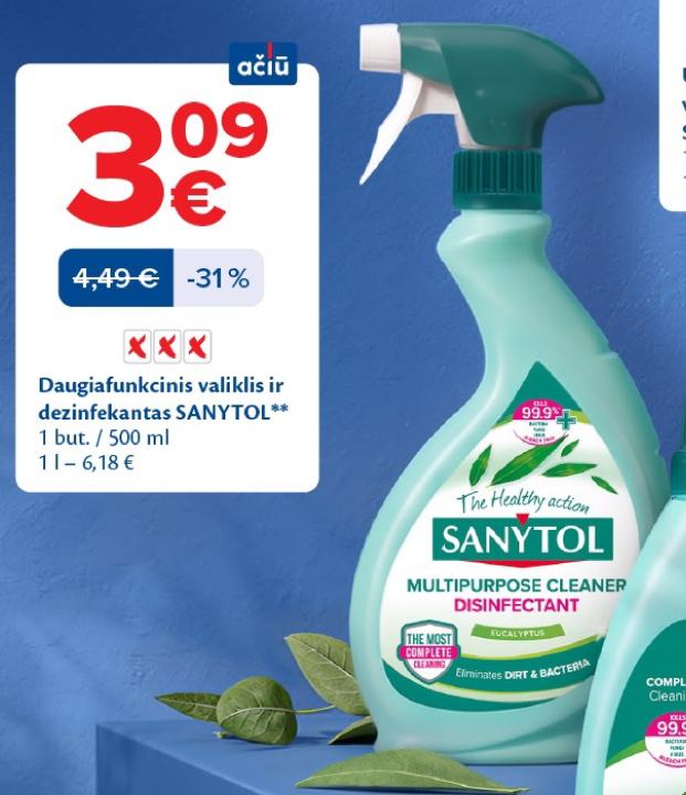 Daugiafunkcinis valiklis ir dezinfekantas SANYTOL, 500 ml
