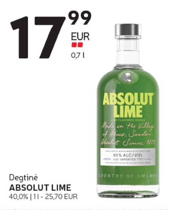 Degtinė ABSOLUT LIME, 1 l