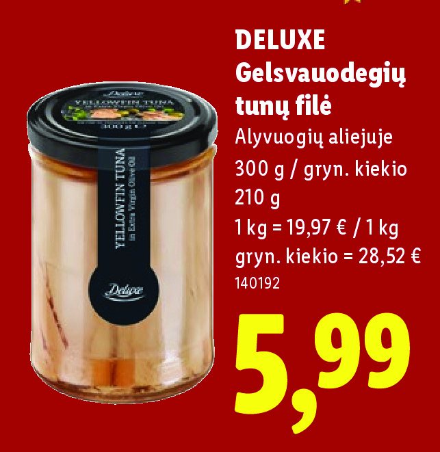 DELUXE Gelsvauodegių tunų filė, 300 g