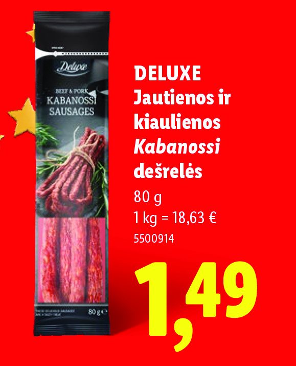 DELUXE Jautienos ir kiaulienos Kabanossi dešrelės, 80 g