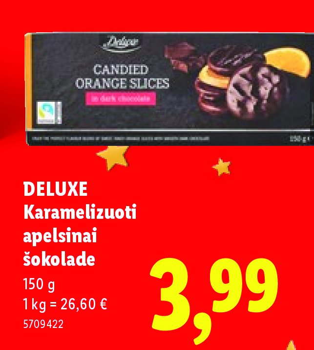DELUXE Karamelizuoti apelsinai šokolade, 150 g