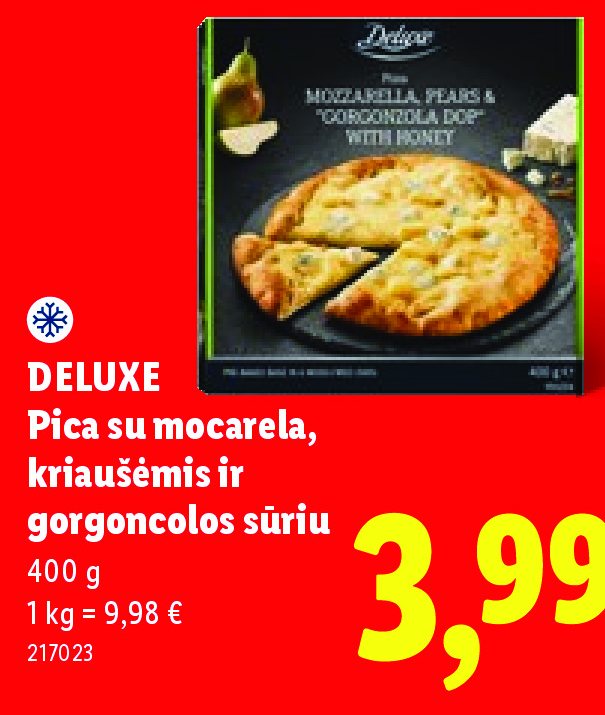 DELUXE Pica su mocarela, kriaušėmis ir gorgoncolos sūriu, 400 g