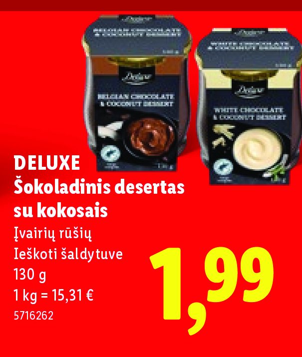 DELUXE Šokoladinis desertas su kokosais, 130 g