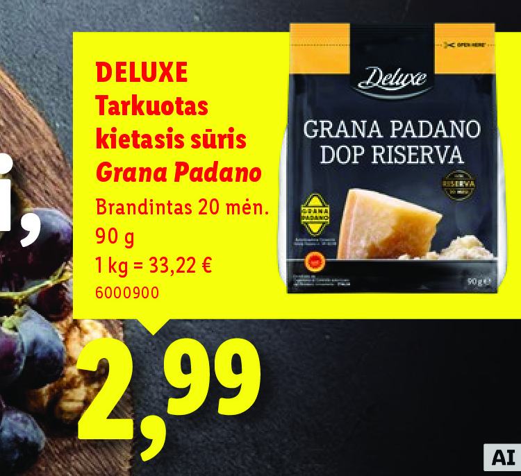 DELUXE Tarkuotas kietasis sūris Grana Padano, 90 g