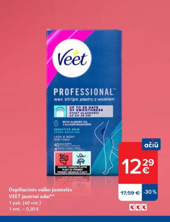 Depiliacinės vaško juostelės VEET jautriai odai, 1 pak.