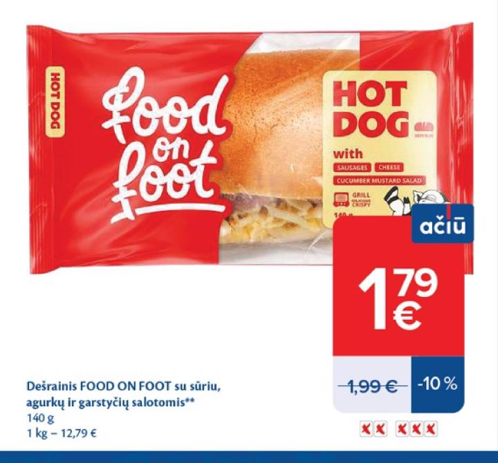 Dešrainis FOOD ON FOOT su sūriu, agurkų ir garstyčių salotomis, 140 g