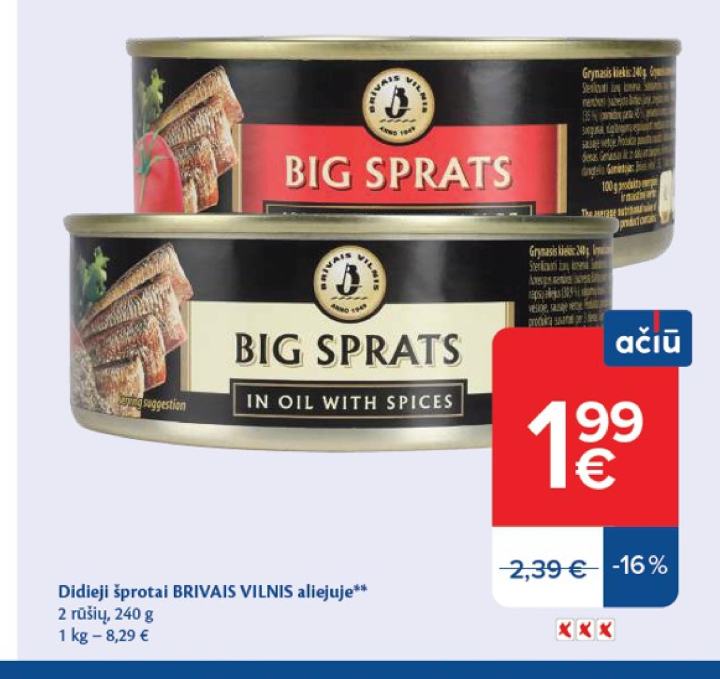 Didieji šprotai BRIVAIS VILNIS, 240 g