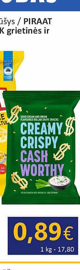 DOLLAR SNACK grietinės ir svogūnų skonio bulvių užkandis, 50 g