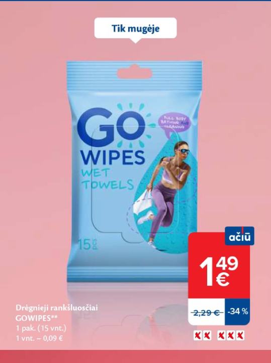 Drėgnieji rankšluosčiai GOWIPES, 1 pak.