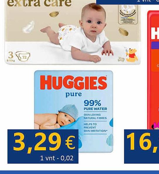 Drėgnos servetėlės HUGGIES PURE 2+1, 3 x 56 vnt
