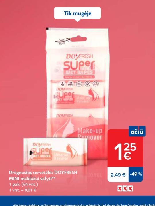 Drėgnosios servetėlės DOYFRESH MINI makiažui valyti, 1 pak.