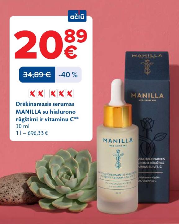 Drėkinamasis serumas MANILLA su hialurono rūgštimi ir vitaminu C, 30 ml
