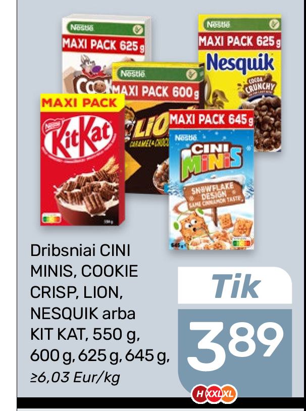 Dribsniai CINI MINIS, COOKIE CRISP, LION, NESQUIK arba KIT KAT, 550 g