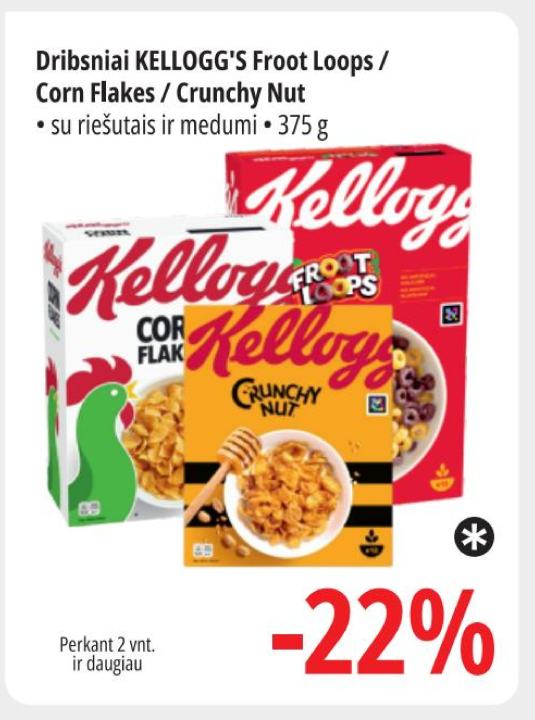 Dribsniai KELLOGG'S Froot Loops / Corn Flakes / Crunchy Nut, 375 g
