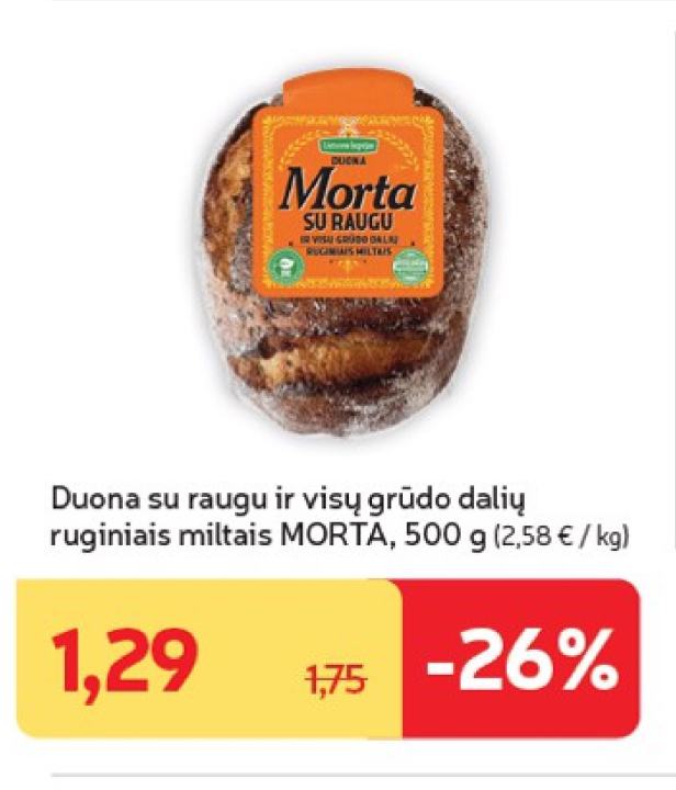 Duona su raugu ir visų grūdo dalių ruginiais miltais MORTA, 500 g