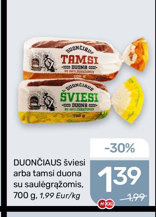 DUONČIAUS šviesi arba tamsi duona su saulėgrąžomis, 700 g