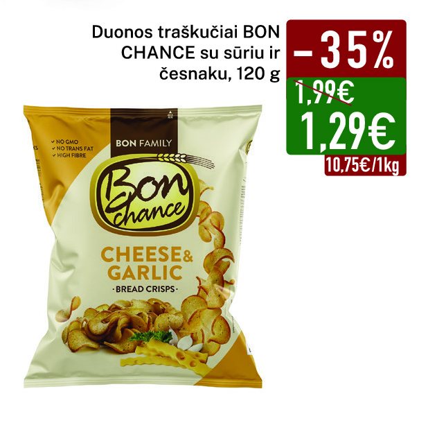 Duonos traškučiai BON CHANCE su sūriu ir česnaku, 120 g
