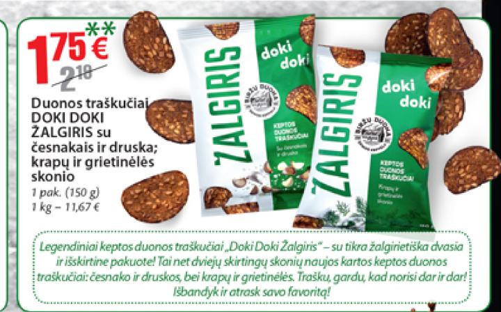 Duonos traškučiai DOKI DOKI ŽALGIRIS su česnakais ir druska; krapų ir grietinėlės skonio, 150 g