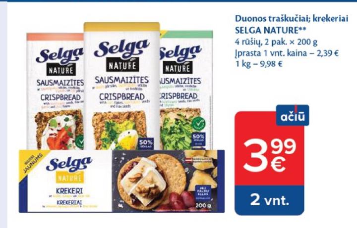 Duonos traškučiai; krekeriai SELGA NATURE, 2 pak.