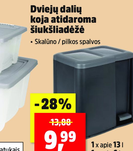 Dviejų dalių koja atidaroma šiukšliadėžė, 13 l