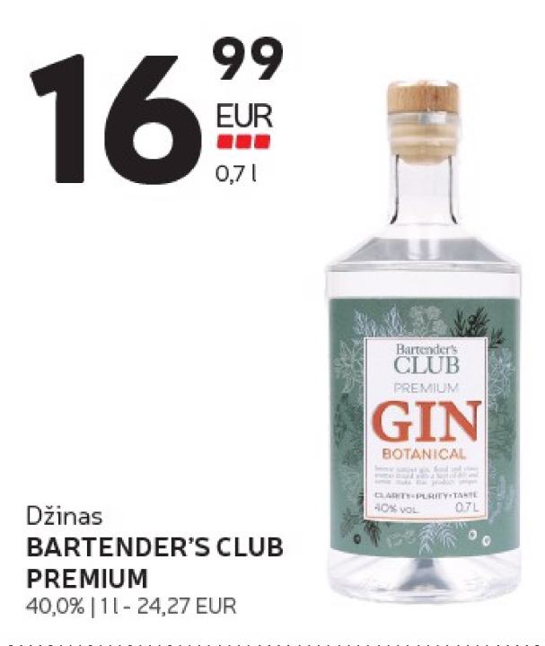 Džinas BARTENDER'S CLUB PREMIUM, 0.7 l