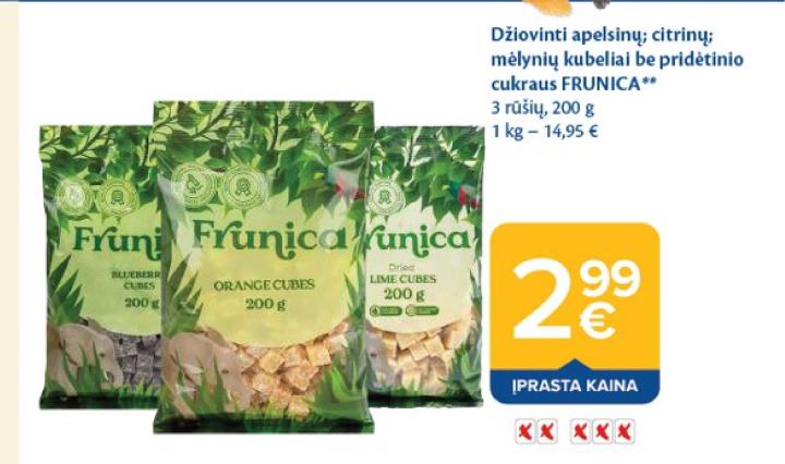 Džiovinti apelsinų; citrinų; mėlynių kubeliai be pridėtinio cukraus FRUNICA, 200 g