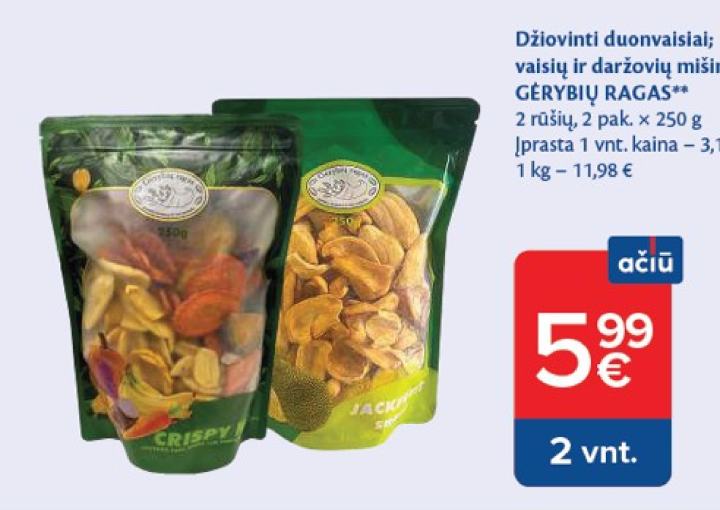Džiovinti duonvaisiai; vaisių ir daržovių mišinys GĖRYBIŲ RAGAS, 2 pak.