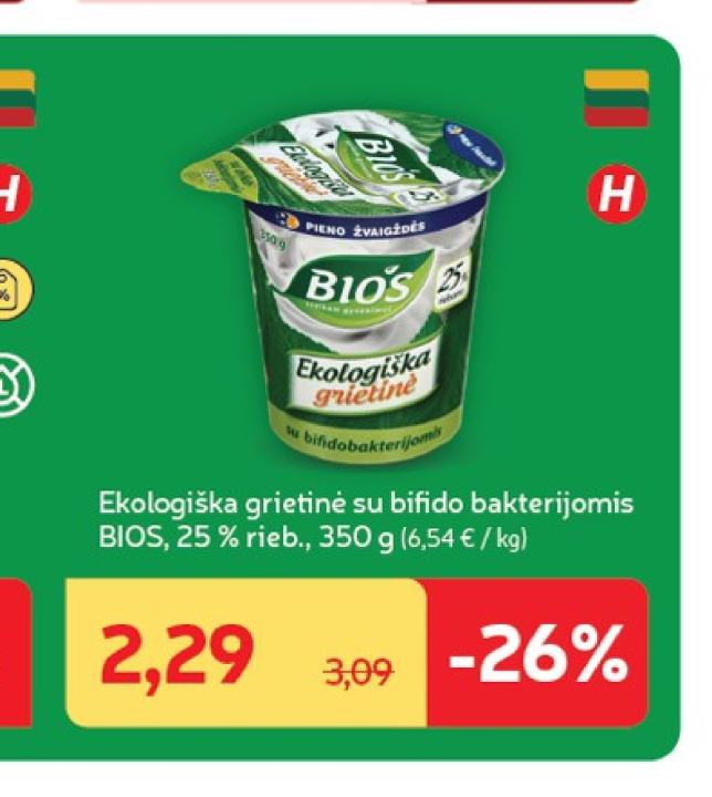 Ekologiška grietinė su bifido bakterijomis BIOS, 350 g