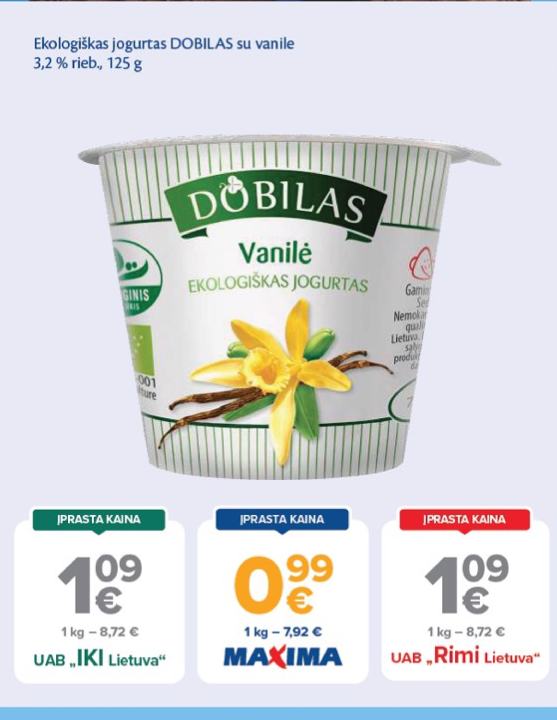 Ekologiškas jogurtas DOBILAS su vanile, 125 g