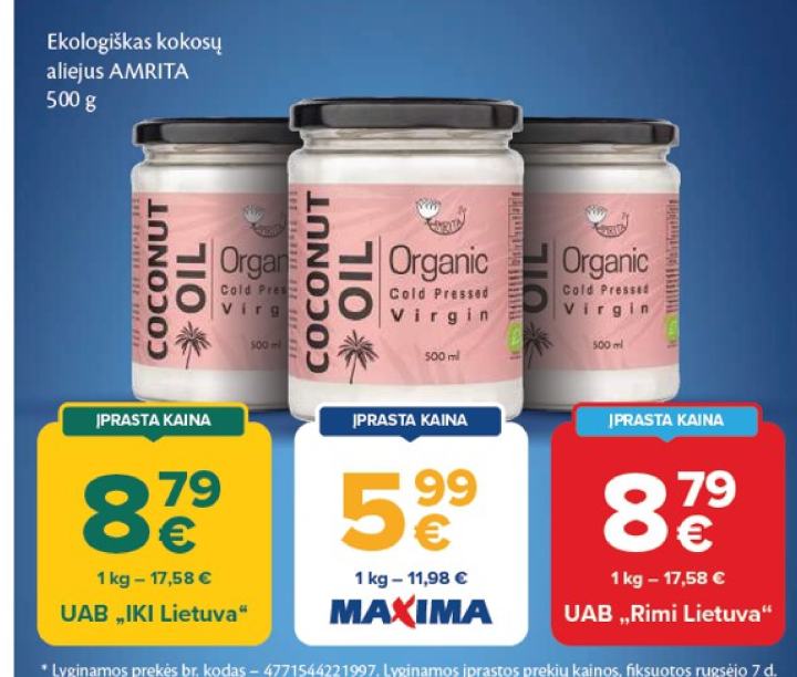 Ekologiškas kokosų aliejus AMRITA, 500 g